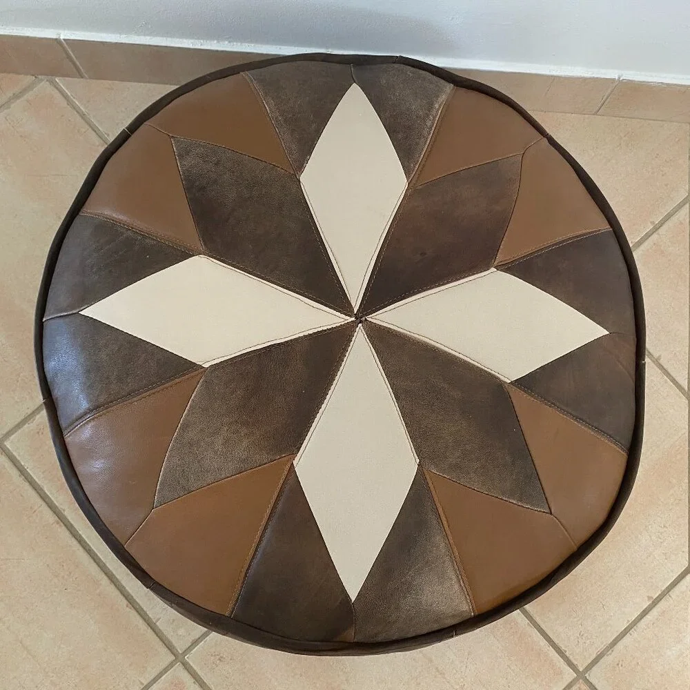 Round Leather Pouf Ottoman - Picture 2 of 7